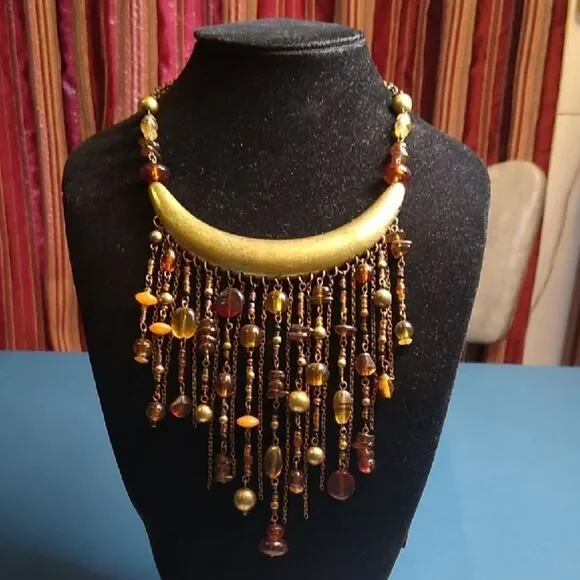 Elegant Gold and Brown Chain/Beaded Statement Necklace Boho Granny Chic - Picture 1 of 7
